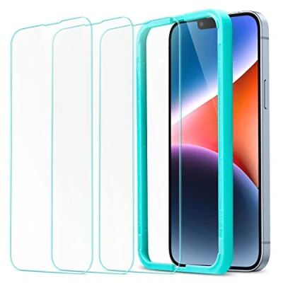 Bild av ESR Härdat glas kompatibelt med iPhone 14 Plus skärmskydd och 13 Pro Max enkel installationsram, militärklassat skydd, repbeständigt, 3 pack