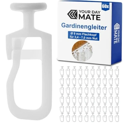 Bild av Your Day Mate Gardiner för inomhusskenor, 60 stycken, med 9 mm platt huvud, i vitt, veckade glider gardinskena, gardin, rullglidare, veckband krok, glidande skensystem