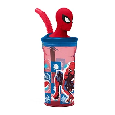Bild av p:os 35478 Spiderman drickkopp för barn med integrerat sugrör, lock och 3D figur, dryckeskärl ca 360 ml kapacitet, perfekt kalla drycker