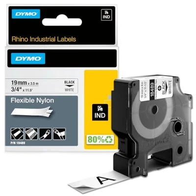 Bild av DYMO Rhino Industriella etiketter Flexibel nylon 19 mm x 3,5 m rulle Svart tryck på vitt Självhäftande för noshörnings och etiketthanterare etiketttillverkare