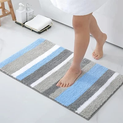 Bild av Homaxy Halkfri badmatta, mjuk mikrofiber randig badrumsmatta, absorberande badmatta med lång lugg, maskintvättbar 50 x 80 cm, blå/grå
