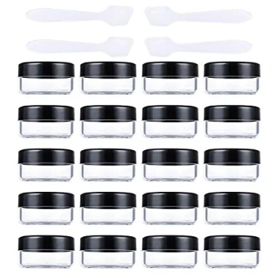 Bild av 20 stycken krämburkar tom 10 g/10 ml transparent liten plastdegel för kosmetisk burk, läppbalsam, nagelkonstburk med 4 minispatlar, svart, 10g/10ml