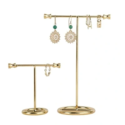 Bild av BanST metall T bar örhängen träd organisatör, örhänge stativ detaljhandelshållare, smycken fotografidisplay för visning Gold base Round 2pcs Height 7.5 and 15.5cm