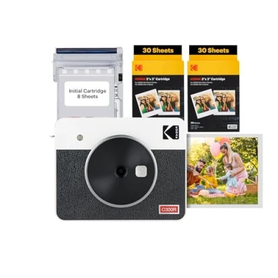 Bild av Kodak Mini Shot 3 Retro 4PASS 2 i 1 Snapshotkamera och bärbar fotoskrivare (7,6 x 7,6 cm) + paket med 68 ark, vit