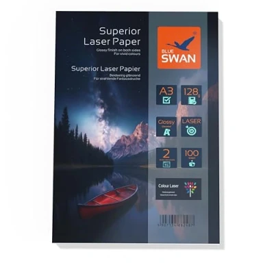 Bild av BLUE SWAN A3 Superior Laserpapper, 128g/m², Dubbelsidigt Glansigt, Hög Färgbriljans, 100 Ark