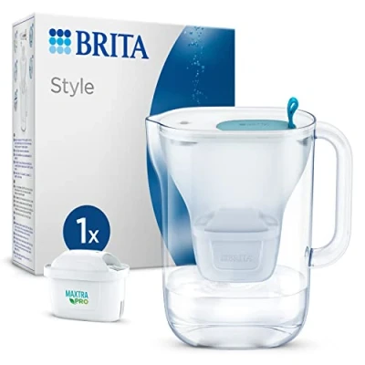 Bild av BRITA vattenfilter kanna stil ljusblå (2,4 l) inkl. 1 x MAXTRA PRO All in patron i modern design för kylskåp att minska kalk, klor, metaller som bly och koppar