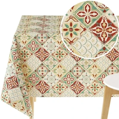 Bild av KP HOME Torka ren bordsduk rektangulär 200 x 140 cm (78,7 55 tum) torkbar vinyl för inomhus och utomhusbruk vattentät plast PVC i medelhavskakeldesign