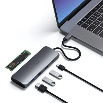 Bild av Satechi Hybrid Multiport adapter Passar M.2 SATA SSD 4K HDMI 60Hz, USB C PD, A 3.1 dataportar Kompatibel med 2022 MacBook Pro/Air M2, 2021 Pro M1 &amp; Max (Rymdgrå)