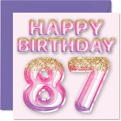 Bild av 87:e födelsedagskort för kvinnor rosa och lila glitterballonger grattis på 87 årig kvinna mamma stor barnflicka mormor farmor, 145 mm x åtttiosjujujude gratulationskort present