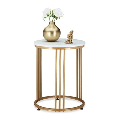 Bild av Relaxdays sidobord marmor, för vardagsrummet, metall &amp; MDF, marmorlook, runt soffbord, mått: 51 x 41 cm, vitt guld