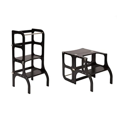 Bild av Ihopfällbar stegpall med sittfunktion, 45 cm ståhöjd, Step&#039;n&#039;Sit, hjälptorn sits och fällbart bord, björkträ, UVlackerat, svart silverbeslag