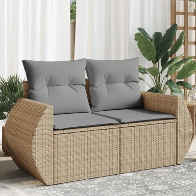 Bild av vidaXL Trädgårdssoffa 2 sits med dynor konstrotting beige, utesoffa, trädgårdssäng, tvåsitsig trädgårdssoffa, trädgårdssittplatser