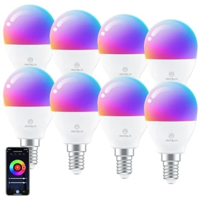 Bild av ANTELA Smarta LED glödlamporna E14 /4.5W/385LM,16 Miljoner Olika Färger,Färgtemperatur 2700 6500K, Wi Fi lampor Kompatibel med Google Home och Alexa, Röststyrning/Appkontroll/Timer, 8pc