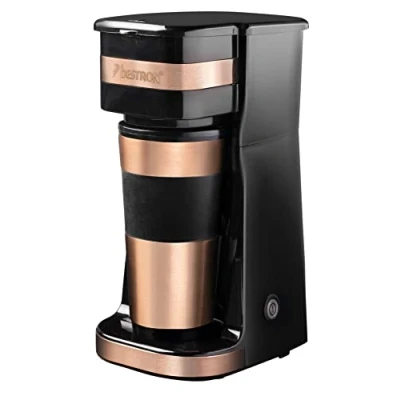 Bild av Bestron Kaffebryggare med termosmugg för malt filterkaffe och perfekt camping, 2 stora koppar, 750 watt, rostfritt stål, färg: koppar/svart