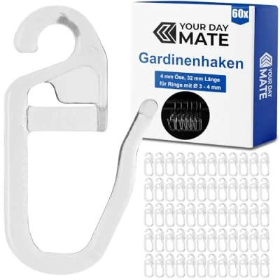 Bild av gardinkrokar för gardinringar, 60 stycken, med Ø 4 mm ögla, gardinringar 3 till mm, i transparent, krokar upphängning, veckade
