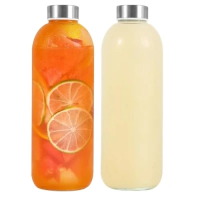 Bild av LIMILI glasflaskor med lock, 2 pack 1 000 ml glasvattenflaskor lock i rostfritt stål, glasjuiceflaskor läckagesäkra återanvändbara för varma kalla drycker arbete gym hem