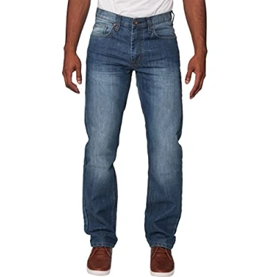 Bild av ENZO Herr normal passform rak denim blå jeansbyxor alla midja ben storlekar, Mid stentvättad, 38W x 30L