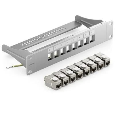 Bild av deleyCON 8 Portar Patchpanel Set Modulärt 1 U 10&quot; Tum Rackinstallation + 8x RJ45 Keystone Moduler CAT6a Kompatibel med CAT5 CAT6 CAT7 LAN Nätverkskabel Installationskabel Grå