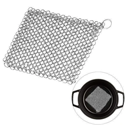 Bild av Gjutjärn Chainmail skrubbare, repfri, rostfritt stål mesh skurare för stekpannor, grillar, stekpannor eller wokar, holländsk ugn, multifunktions köksredskap