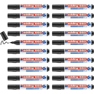 Bild av edding 660 whiteboardmarkör, svart 20 markörer, rund spets 1,53 mm, raderbar tuschpenna, för whiteboardtavlor, memo och konferensstaffli, påfyllningsbar