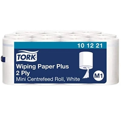 Bild av Tork 101221 starka pappershanddukar för M1 invändig rulle mini dispensersystem/2 lagers stabilt papper i vit, 11 x 214 dukar (21,5 35 cm)