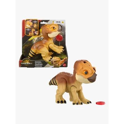 Bild av Mattel Jurassic World Rebirth Primal Protector Aquilops Dolores, interaktiv dinosaurieleksak med attackrörelse och ljud, elektronisk figur i husdjursstil mattillbehör, JGC01