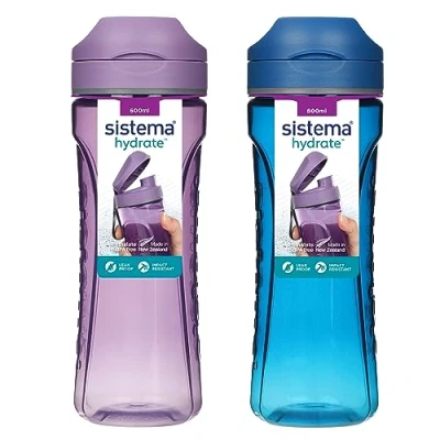 Bild av Sistema Swift Sports vattenflaskor 600 ml läckagesäkra barnvattenflaskor slagtålig tritanplast BPA fri havsblå och dimmig lila 2 stycken