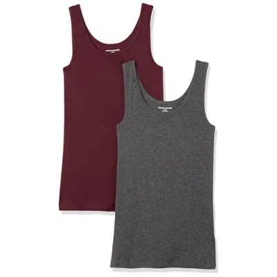 Bild av Amazon Essentials Women&#039;s Linne smal passform, Pack of 2, Kolsvart ljung/Vinröd, M