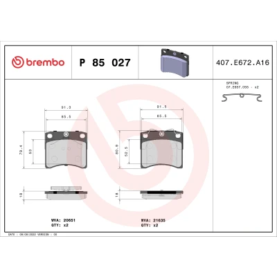 Bild av BREMBO P 85 027 Jeu de plaquettes frein contact signal d&#039;usure exclu avec accessoires VOLKSWAGEN: TRANSPORTER 4, 4 Bus
