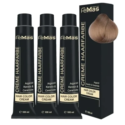 Bild av FemMas hårfärg ljus ljusblond intensiv 10,0 I professionell kräm blond med närande arganolja, keratin och ceramider som permanent eller nyans, 3 x 100 ml