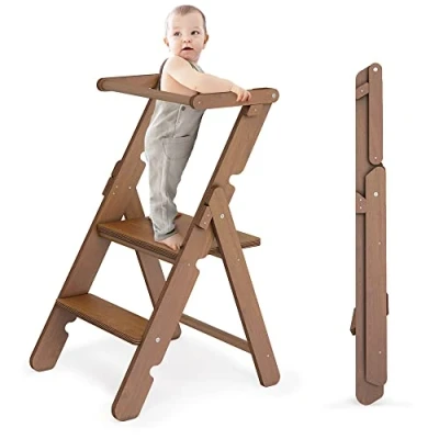 Bild av CAWI® Lärotorn hopfällbar av trä, lärotorn, lärostol för barn, kökstorn och kökshjälpmedel, inlärningstorn, barnstol stegpall från 1 år 2/3 år, Montessori