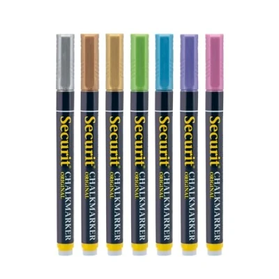 Bild av Securit kritmarkeringsset metallic, flerfärgad, grön/blå/lila/rosa/brun/guld/silver; 7 stycken, liten 12 mm fjäder BL SMA100 V7 MT