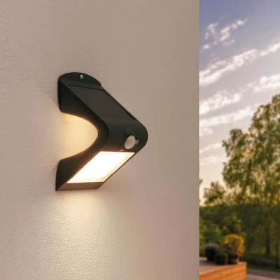 Bild av Ledvion Modern solcellsvägglampa med rörelsesensor, svart, 1,5 W, 3 000 K, IP65 vattentät och 220 lumen, rörelsedetektering skymningsbrytare, energieffektiv väderbeständig