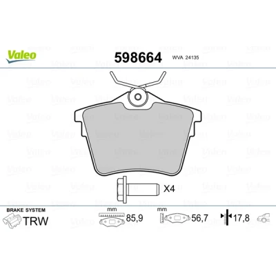 Bild av VALEO 598664 Jeu de plaquettes frein Essieu arrière contact signal d&#039;usure exclu avec kit vis fixation, tôle anti bruit