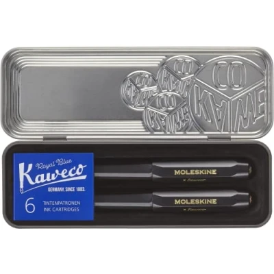 Bild av Moleskine x Kaweco ABS plastreservoarpenna med spets storlek M guldpläterad och påfyllningsbar kulspetspenna för författare, 1,0 mm refill 6 blå bläckpatroner ingår, färg svart