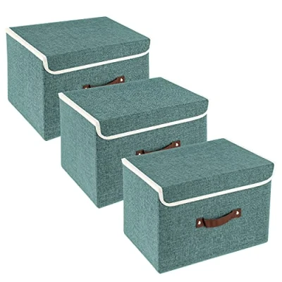 Bild av TYEERS Vikbar Förvaringslåda med Lock, Tvättbart, Tyglåda, 38x25x25 cm, Set om 3, Aqua Deep