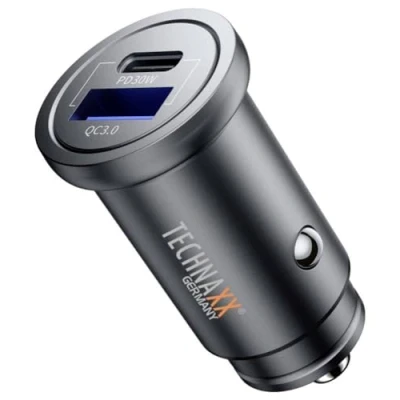 Bild av Technaxx Dual Car Charger 30W TX 305, 2 portars cigarettändaruttagsadapter 305 med USB C &amp; A utgång, PD QC3.0, PPS dynamisk laddning, 12 24V ingång, metallhölje