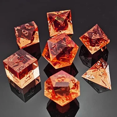 Bild av Bescon Crystal Clear (Unpainted) Sharp Edge DND Dice Set of 7, Razor Edged Polyhedral D&amp;D for Dungeons and Dragons Role Playing Games, Tangerine Color