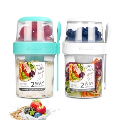 Bild av SinLaw 2 stycken müSlimugg to go, yoghurtkopp för resor med sked, yoghurt att gå kopp, dubbla lager läckagesäker yoghurtkopp, salladsmugg (vit + grön (310 ml 560 ml)