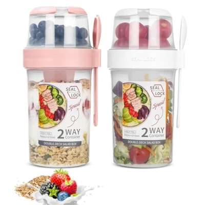 Bild av SinLaw 2 stycken müSlimugg to go, yoghurtkopp för resor med sked, yoghurt att gå kopp, dubbla lager läckagesäker yoghurtkopp, salladsmugg (vit + rosa (310 ml 760 ml)