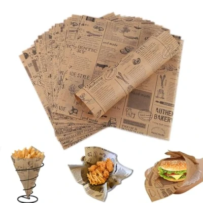 Bild av 100 ark Deli pappersblad, bakpapper, pommes papper för korg, stort format 38 x 28 cm, oljeresistent mattpapper, hamburgare papper, omslag hamburgare, smörgås, ost,
