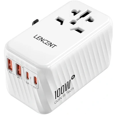 Bild av LENCENT 100W Snabb Laddning Universal Reseadapter över Hela Världen, GaN III Internationell Travel Adapter med 2 PD3.0 Typ C+2 QC USB A, Socket Worldwide för DE USA UK AUS, C/G/A/I, Svart