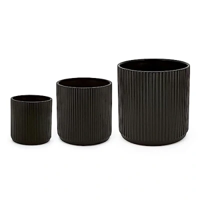 Bild av Amazon Basics runda, korrugerade keramisk krukor, olika storlekar, 3 stycken, svarta, 15,2, 20,3 och 25,4 cm