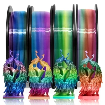 Bild av YOUSU silke glänsande 4 typer regnbåge flerfärgad snabb färgändring PLA i 1 3D skrivarfilamentpaket, regnbågsfilament 1,75 mm, 250 g/spole, spolar utskriftsfilament, passar de flesta