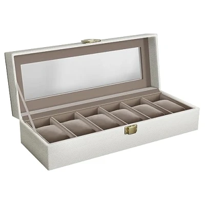 Bild av SONGMICS Klockbox med 6 spår, klockfodral glaslock, klockdisplaybox avtagbara klockkuddar, metalllås, presentidé, molnvitt syntetiskt läder, cappuccino beige foder JWB006W01