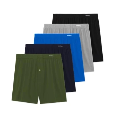 Bild av FM London 5 pack boxershorts för män lös passform supermjuka underkläder i 100% bomull enfärgade med knappgylf och komfort stretch midjeband, mörkt blandat, L, Mörk blandad, L