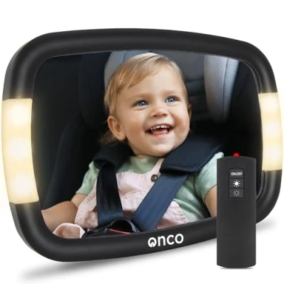 Bild av Onco LED Baby Car Mirror for Back Seat 2 Light Modes, 100% Shatterproof Seat, 360 Adjustable Mirror, Accessories &amp; Newborn Essentials (Batteries not included)