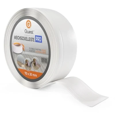 Bild av Quest mjuk sockel, ändlist bred 70 mm x 20 golvlist PVC, flexibel böjlist för vägg, golv dekorativ, UV resistent 25 meter, vit