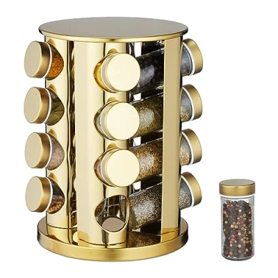 Bild av Relaxdays Kryddkarusell, 16 kryddburkar, 360 roterbara, rostfritt stål, glas, H x D: 27,5 20 cm, rund kryddhylla, guld