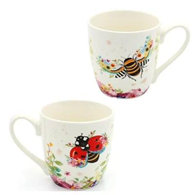 Bild av Dekohjälden24 set med 2 kaffemuggar i porslin motiv: bi och nyckelpiga storlek H/Ø: 10 x 9 cm, kapacitet 400 ml, diskmaskinssäker